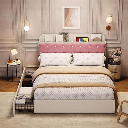 Garvee Queen Size Bed Frame for Girls, Beige & Pink Princess Style with Storage Headboard & 2 Drawers, Upholstered Platform Bed, No Box Spring Needed, Easy Assembly