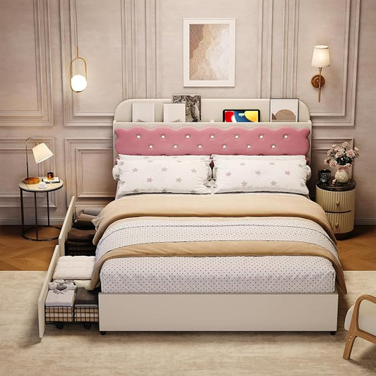 Garvee Queen Size Bed Frame for Girls, Beige & Pink Princess Style with Storage Headboard & 2 Drawers, Upholstered Platform Bed, No Box Spring Needed, Easy Assembly