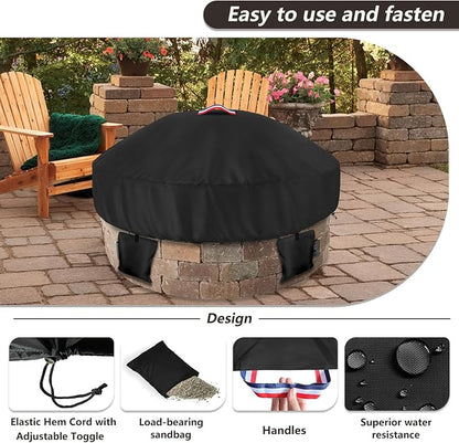 Outdoor Round Built in Stone Fire Pit Cover,Heavy Duty 600D Waterproof Cover for 50In-57In Fire Pit with Spark Screen,All-Weather Protection Round Fire Pit Cover for In Ground Brick Fire Pit,Black