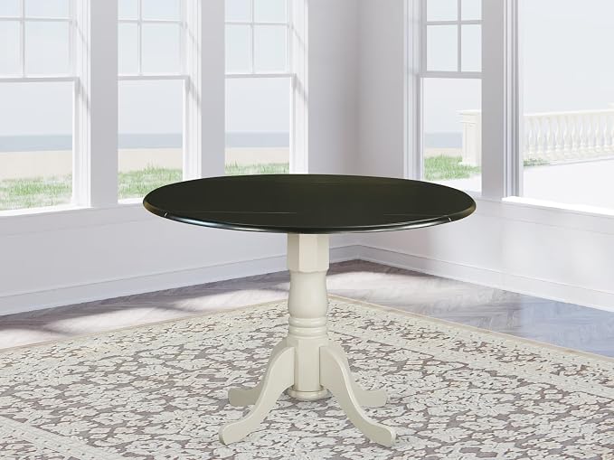 East West Furniture DLT-BLW-TP Dublin Dining Room Table - a Round Solid Wood Table Top with Dropleaf & Pedestal Base, 42x42 Inch, Black & Linen White