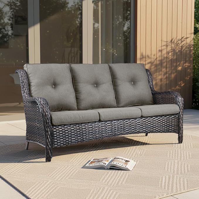 Outdoor Couch All Weather PE Wicker Patio Sofa Outdoor Sofa Deep Seating for Porch Deck Backyard-Brown/Grey