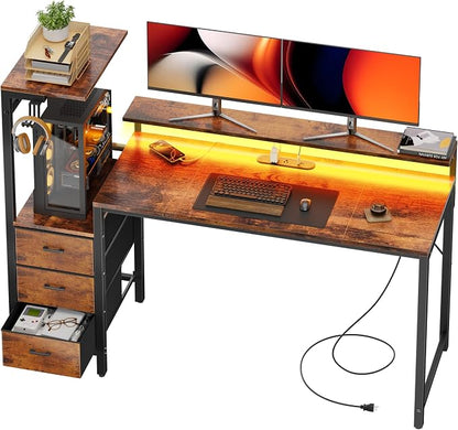 HLDIRECT 60 inch Gaming Desk with 3 Fabric Drawers & Side Hooks-Reversible Home Office Computer Desk with Power Outlets & Led Lights, Gamer Desk Table with Monitor Stand, Rustic Brown