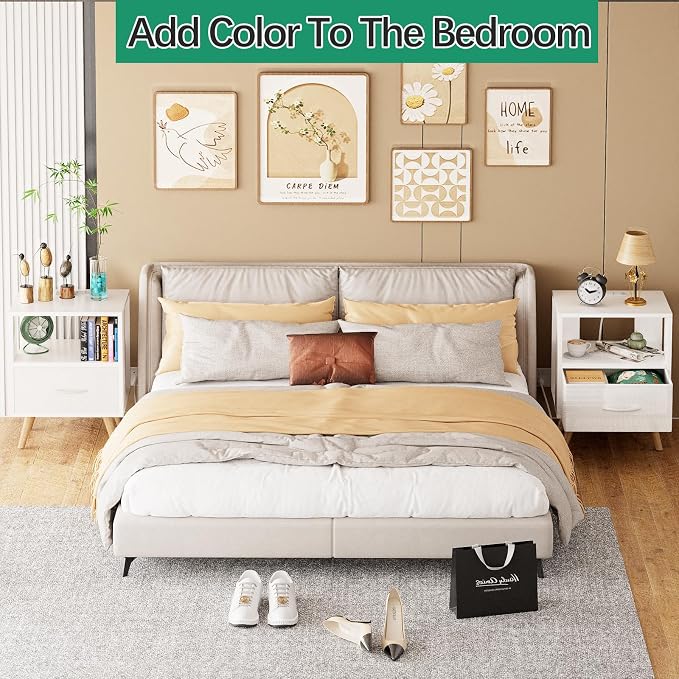 Aenuert Night Stand with Charging Station, White Nightstand with Drawer, 3-Tier Wooden Bedside Table with USB Ports and Outlets, End Table for Small Space, Living Room, Bedroom