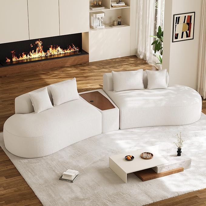 153.3" Oversized Curved Sectional Sofa, Luxury Chenille Cloud Couch for Living Room, Large Modern Modular Deep Seat Sofa with Movable Coffee Table & USB, No Assembly Needed, Beige White