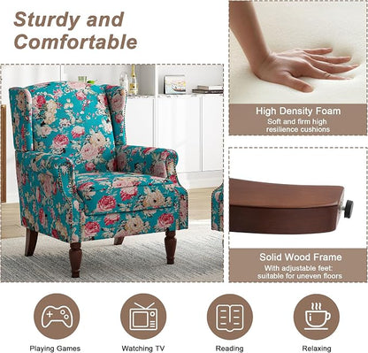 Pia Ricco High Back Floral Accent Chair - Retro Wingback Upholstered Armchair with Nailhead Trim, Solid Wood Legs, Fabric Living Room Bedroom Reading Chair (Peacock Blue)
