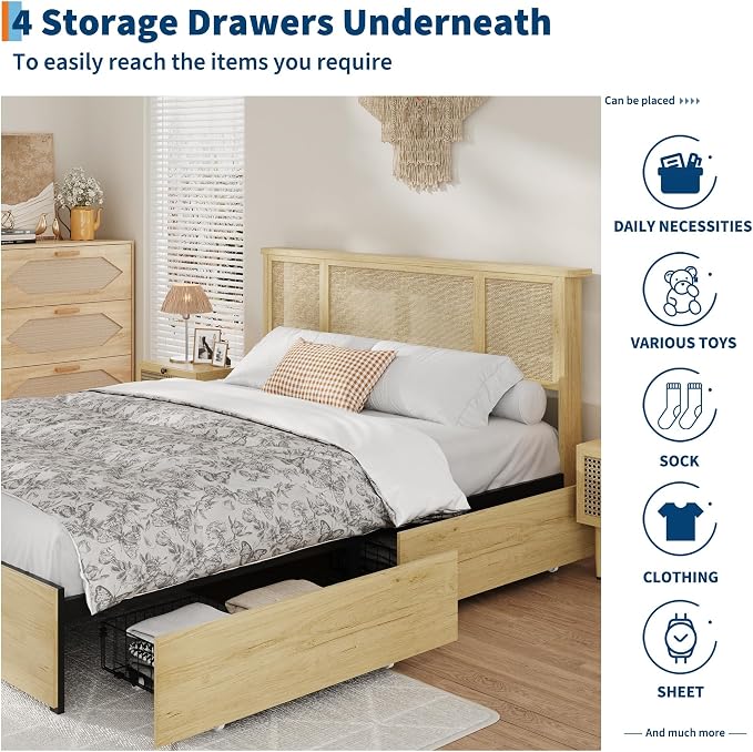 IDEALHOUSE Full Bed Frame with Natural Rattan Headboard, Slats, Bohemian-Style Cane Mattress Support, Strong Metal Base with Resilient Wooden, No Box Spring Needed