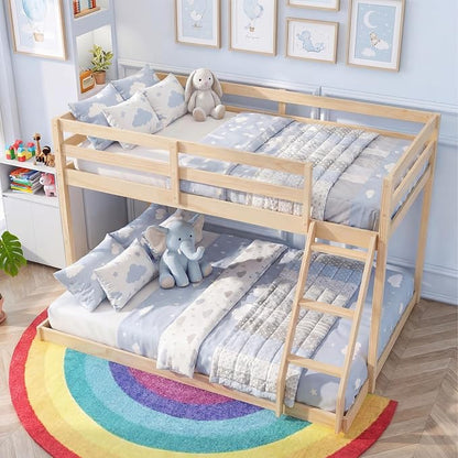 Giantex Twin Over Full Bunk Bed, Solid Wood Kids Bunk Bed with Full-Length Guardrails & Ladder, Low Bunk Beds with Slats Support for Kids, Teens, No Box Spring Needed, Natural