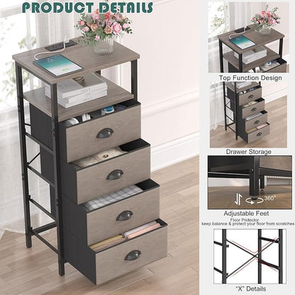 sthmec Nightstand with Charging Station,LED Grey Nightstand with 4 Fabric Drawers, Bedside End Tables, 2-Tier Open Storage Shelf Side Table Nightstand with Drawers for Bedroom,Grey