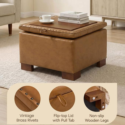 24 Inch Square Storage Ottoman Coffee Table, Modern Tufted Upholstered Ottoman with Flip Tray and Solid Wood Legs, Suitable for Living Rooms, Faux Leather Brown