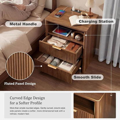 LYNCOHOME 19.7" Fluted Nightstands Set of 2 with Charging Station, 2 Drawer Bedside Table, Modern Night Stand with Curved Edge, Wooden End Table for Bedroom, Rounded Night Stand with Storage, Walnut