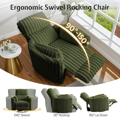 Jocisland Power Recliner Nursery Chair for Adults, Electric Swivel Rocking Glider with USB & Type-C, Soft Fabric Armchair with 2 Pillows, Cozy Reclining Sofa for Living Room, Bedroom, Green