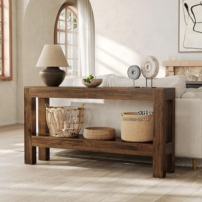 LITTLE TREE 63-Inch Wood Entryway Table, Long Farmhouse Narrow Console Table for Living Room, Hallway, Sofa, Entry, Entrance, Foyer, Behind Couch with 2-Tier Shelves, Brown