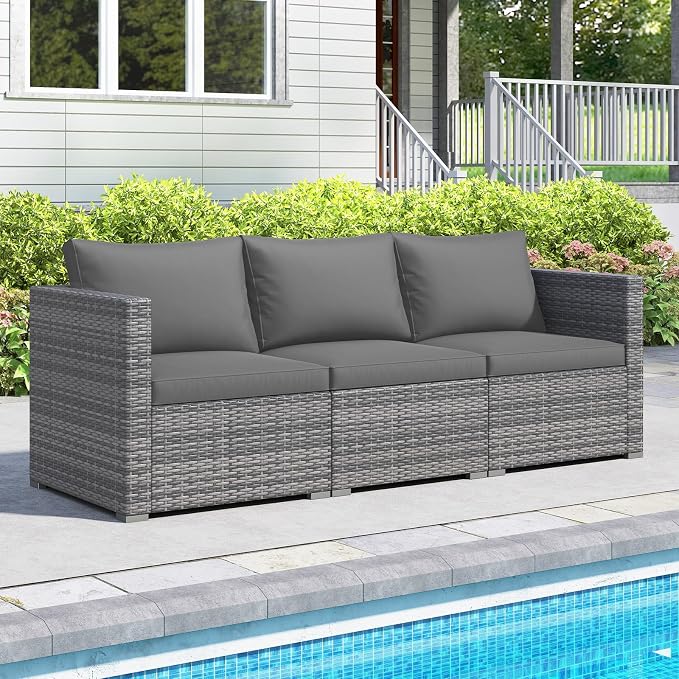Tangkula 3 Seat Outdoor Wicker Sofa Set, Modular PE Rattan Patio Cushioned Sectional Couch Set, Outside Furniture Set for Deck, Backyard, Porch, Garden & Poolside (Grey)