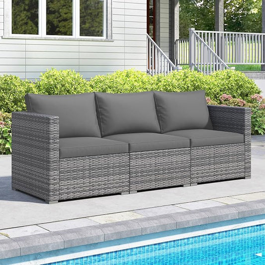 Tangkula 3 Seat Outdoor Wicker Sofa Set, Modular PE Rattan Patio Cushioned Sectional Couch Set, Outside Furniture Set for Deck, Backyard, Porch, Garden & Poolside (Grey)