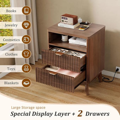 LYNCOHOME Fluted Nightstand with Charging Station, 19.7 inch Wide End Table with 2 Drawers, Modern Wood Bedside Table for Bedroom, Night Stand Set of 2，Walnut