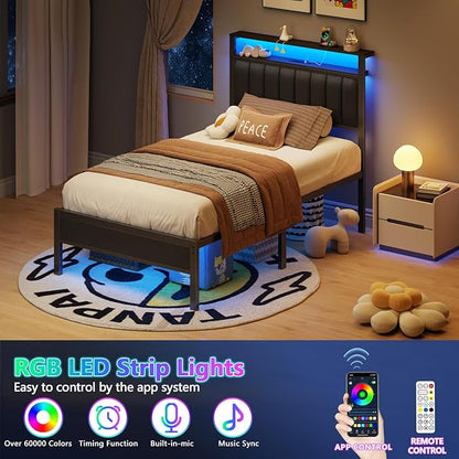 Furnulem Twin Size Bed Frame with Charging Station and LED Lights, Platform Bed with Metal Slats, Grey Upholstered Headboard with 2-Tier Storage Shelves, No Box Spring Needed