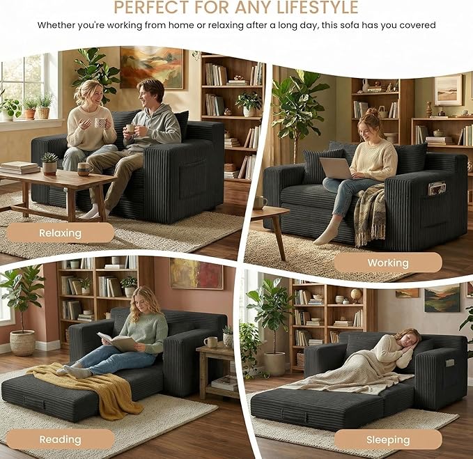Boneless Loveseat Sofa Bed, Tri-Folding Convertible Futon Sleeper with Handle & Side Pockets, 54'' Boneless Couch with Hook and Loop No Assembly for Small Space,Living Room & Bedroom