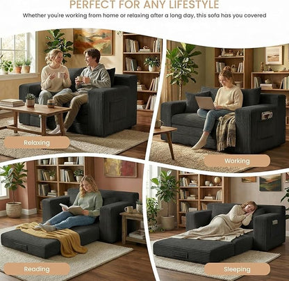 Boneless Loveseat Sofa Bed, Tri-Folding Convertible Futon Sleeper with Handle & Side Pockets, 54'' Boneless Couch with Hook and Loop No Assembly for Small Space,Living Room & Bedroom