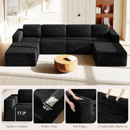 Vesgantti 159" Large Modular Sectional Sofa, U-Shaped Corduroy Cloud Couch with Deep Seats & Spring Support, 4-Seater Boneless Sofa with 2 Movable Ottomans, No Assembly Needed, Black