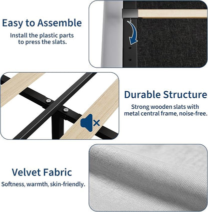 GarveeHome Twin Bed Frame with Storage Headboard, Kids Bed Frame with 2 Drawers, Velvet Upholstered Platform Bed Frame with Lights, No Box Spring Needed, Easy Assembly, Velvet Grey
