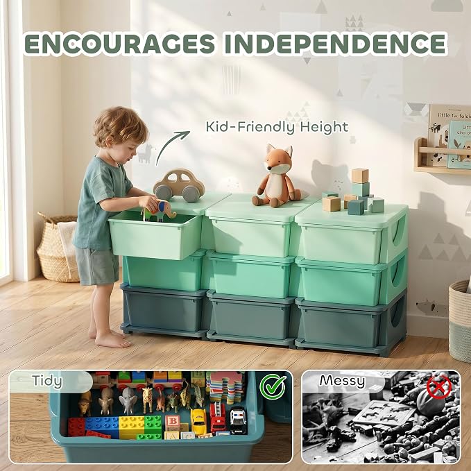 Qaba 9 Drawers Kids Storage Unit, 3 Tier Stackable Toy Organizers and Storage Chest for Bedroom, Nursery, Playroom, Living Room, Boys, Girls, Toddlers, Green