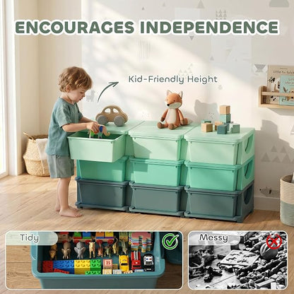 Qaba 9 Drawers Kids Storage Unit, 3 Tier Stackable Toy Organizers and Storage Chest for Bedroom, Nursery, Playroom, Living Room, Boys, Girls, Toddlers, Green