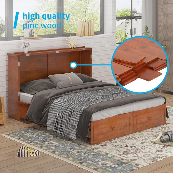 Mjkone 63.5" W Murphy Bed Cabinet Queen Size, Modern Cabinet Bed with USB Charging Station & Drawers, Murphy Beds for Living Room Apartment, Easily Convertible, Cherry