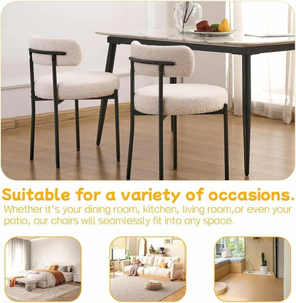 EDWELL White Dining Chairs Set of 4, Modern Dining Room Chairs with 3.94“ Cushions and Metal Legs, Round Upholstered Kitchen Dining Chairs, Ergonomic Backrest Boucle Chairs for Kitchen, Living Room
