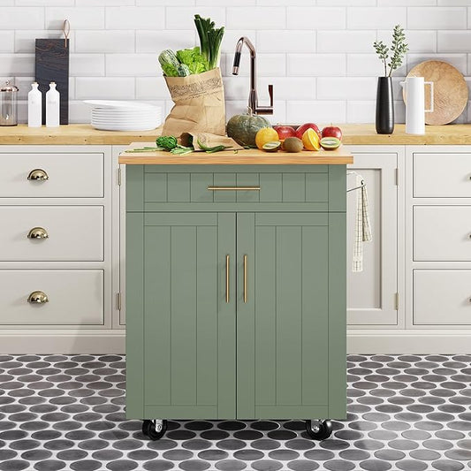 Shintenchi Kitchen Island cart with Storage, Portable Bar Cabinet on Wheels, Rolling Microwave Cart Side Table with Workstation for Kitchen, Dinning Room, Green