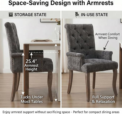 Upholstered Dining Chairs with Arms Set of 6, Gray, 6 Pack | Tufted Chenille Kitchen Chairs with Arms, Modern Farmhouse Armchair with Nailhead Trim for Dining Room, Home Office