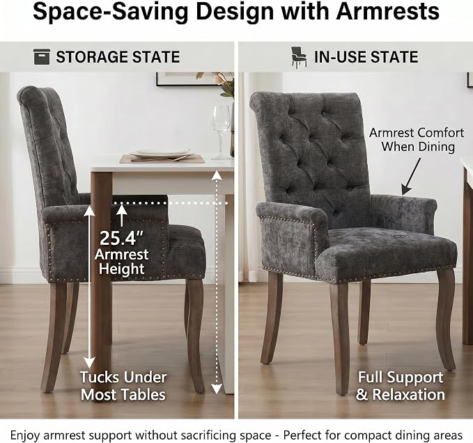 Upholstered Dining Chairs with Arms Set of 4, Gray, 4 Pack | Tufted Chenille Kitchen Chairs with Arms, Modern Farmhouse Armchair with Nailhead Trim for Dining Room, Home Office
