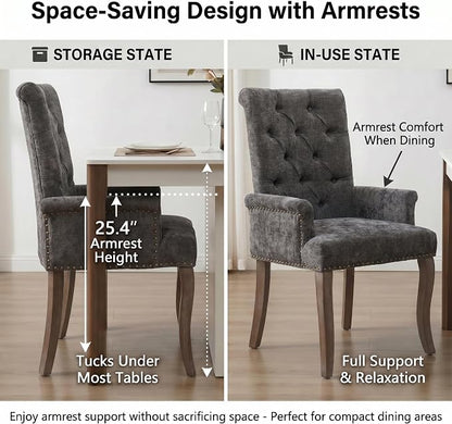Upholstered Dining Chairs with Arms Set of 4, Gray, 4 Pack | Tufted Chenille Kitchen Chairs with Arms, Modern Farmhouse Armchair with Nailhead Trim for Dining Room, Home Office