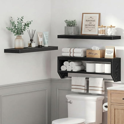 QEEIG Bathroom Floating Shelves for Wall - Shelf Over Toilet Paper Storage Farmhouse 32 inch Long Set of 3, Black (028-80B3)