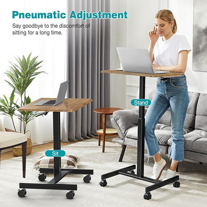 DUMOS Mobile Small Standing Desk, Portable Rolling Laptop Desk with 2 Lockable Wheels, Adjustable Height Computer Workstation for Home Office, 19 Inch Brown