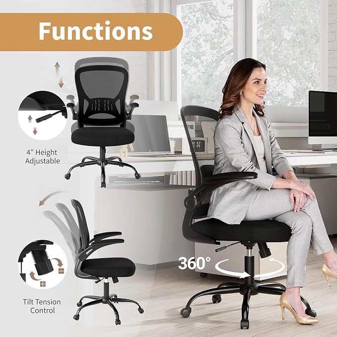 Youhauchair Mesh Office Chair, Ergonomic Home Office Desk Chairs with Flip-up Arms and Lumbar Support, Height Adjustable, Black