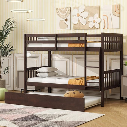 Merax Twin-Over-Twin Bunk Bed with Movable Trundle, Solid Wood Detachable Bunk Bed with Safety Guardrial and Ladder, Can be Converted Into 3 Separate Beds (Espresso)