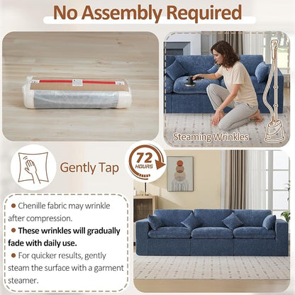 115''Cloud Boneless Sectional Couch, Modular Sectional Sofa Deep Seat, Oversized Upholstered Convertible Comfy 3 Seater Chenille Memory Foam Sofa Couches for Living Room, Blue