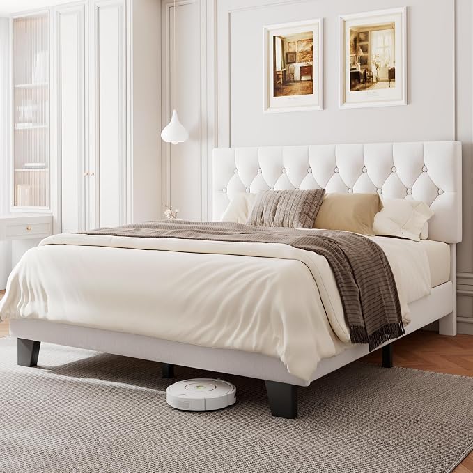 Einhomn Full Upholstered Bed Frame with Headboard, Button Tufted Linen Bed Base, Platform Bed with Wood Slat, Heavy Duty, Easy Assembly, No Box Spring Needed, White