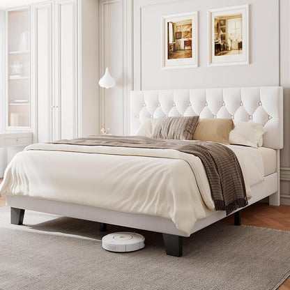 Einhomn Full Upholstered Bed Frame with Headboard, Button Tufted Linen Bed Base, Platform Bed with Wood Slat, Heavy Duty, Easy Assembly, No Box Spring Needed, White