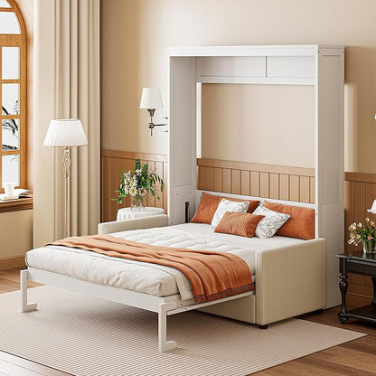 Ball & Cast Murphy Bed Full Size Wall Bed with Sofa,can be Folded,Multifunctional Wood Hideaway Cabinet Bed Frame,Slat Support,Save Space,for Apartment,Guest Room,White