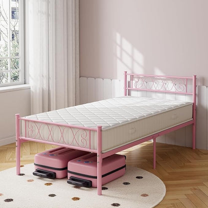 GarveeHome Twin-XL Size Bed Frame, Metal Platform Bed Frame with Headboard and Footboard, 12.2 in Bed Frame with Strong Metal Slats Support, Under Bed Storage, No Box Spring Needed, Pink
