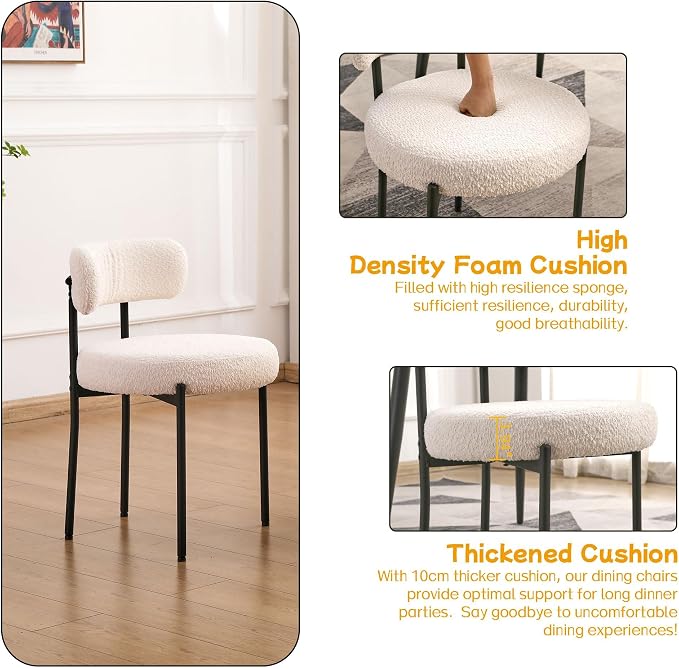 EDWELL White Dining Chairs Set of 6, Modern Dining Room Chairs with 3.94“ Cushions Mid-Century, Round Upholstered Boucle Chairs for Kitchen, Living Room, Kitchen Chairs with Black Metal Legs