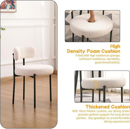 EDWELL White Dining Chairs Set of 6, Modern Dining Room Chairs with 3.94“ Cushions Mid-Century, Round Upholstered Boucle Chairs for Kitchen, Living Room, Kitchen Chairs with Black Metal Legs