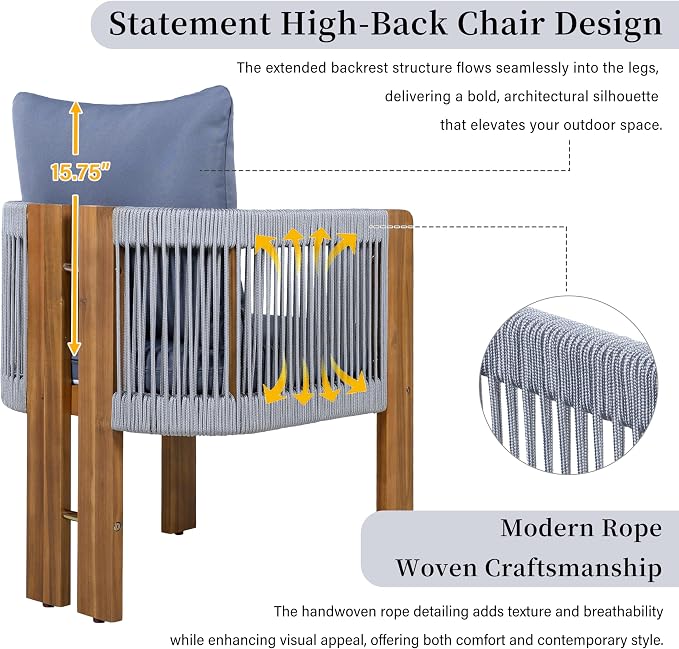 Quarte Luxury 4-Person Outdoor Dining Set: Solid Acacia Wood Table with Rope-Woven Chairs & Comfy Cushions for Patio, Garden, Poolside or Deck (Brown,Gray-R)