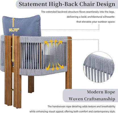 Quarte Luxury 4-Person Outdoor Dining Set: Solid Acacia Wood Table with Rope-Woven Chairs & Comfy Cushions for Patio, Garden, Poolside or Deck (Brown,Gray-R)