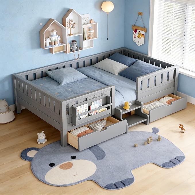 Queen Platform Bed with Storage Drawers and Bookshelves, Kids Platform Bed Frame with Low-profile Stairs and Full-length Guardrails, Queen Bed Frame for Boys, Girls, No Box Spring Needed, Gray