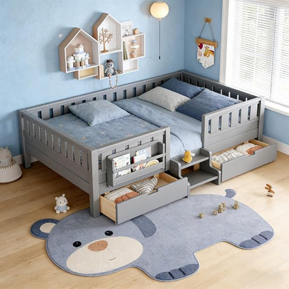 Queen Platform Bed with Storage Drawers and Bookshelves, Kids Platform Bed Frame with Low-profile Stairs and Full-length Guardrails, Queen Bed Frame for Boys, Girls, No Box Spring Needed, Gray