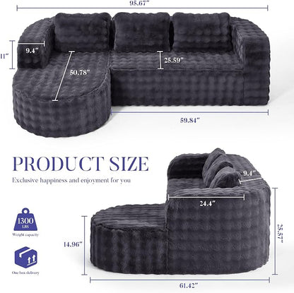 Hobestluk Modular Sectional Sofa Couches L-Shape Couch 3 Seat Modular Sofa Memory Foam Sectional Couches for Living Room, Cloud Couch (Round Ash Grey, 96", Left Hand Facing)