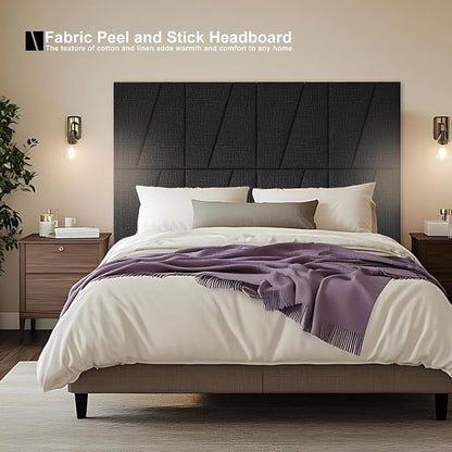 Fabric Upholstered Wall Mounted Headboard for Queen Bed Panels: Stick-On Headboard in Matte Black - Soundproof Padding for Bedroom & Living Room (6 Panels)