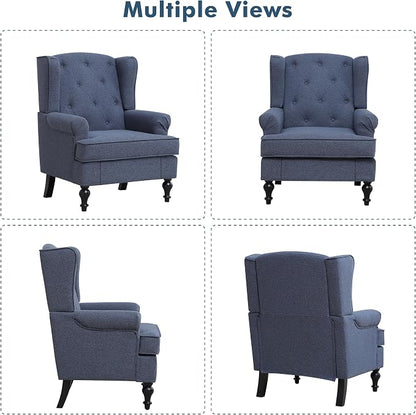 Accent Chair Set of 2, Mid Century Modern Fabric Wingback Chair, Upholstered Armchair with High Back and Vintage Legs, Comfy Single Sofa Side Reading Chair for Living Room Bedroom, Blue